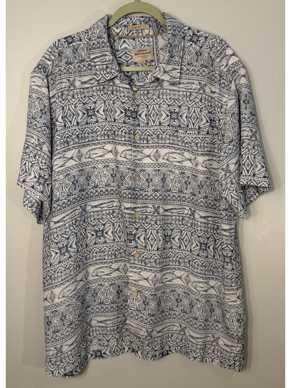 Quiksilver Waterman Blue & White Coastal Tribal Fish Print Button Down Shirt XL